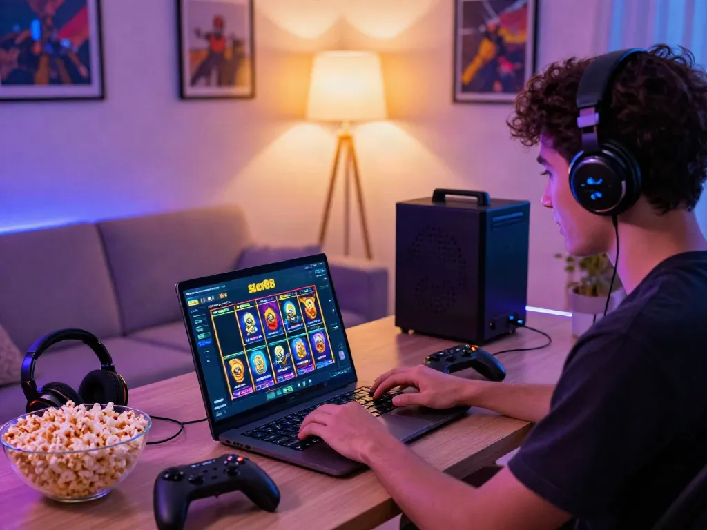 Engaging gaming setup with slot88 interface on laptop and gaming accessories.