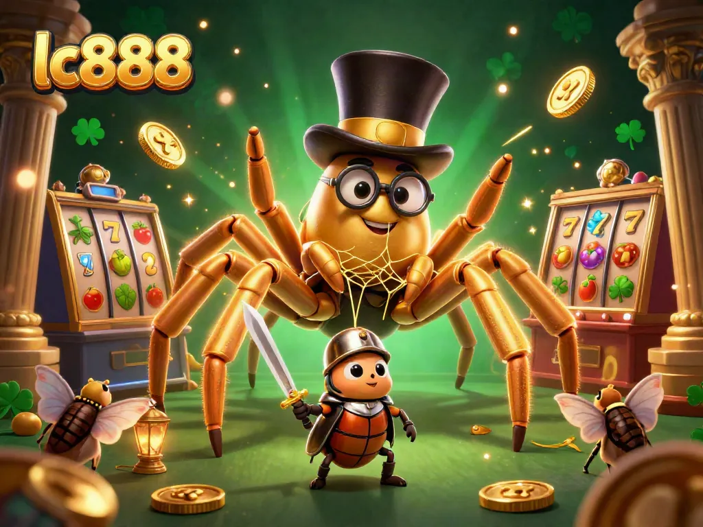 Engage in thrilling play at lc888 with a vibrant 3D scene featuring a golden tarantula, beetle knight, and dazzling jackpot elements.