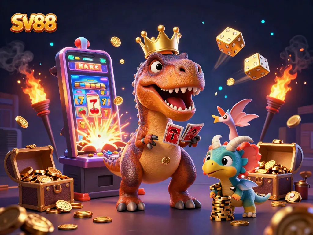 Engage with SV88's vibrant casino scene featuring characters and thrilling gambling elements.