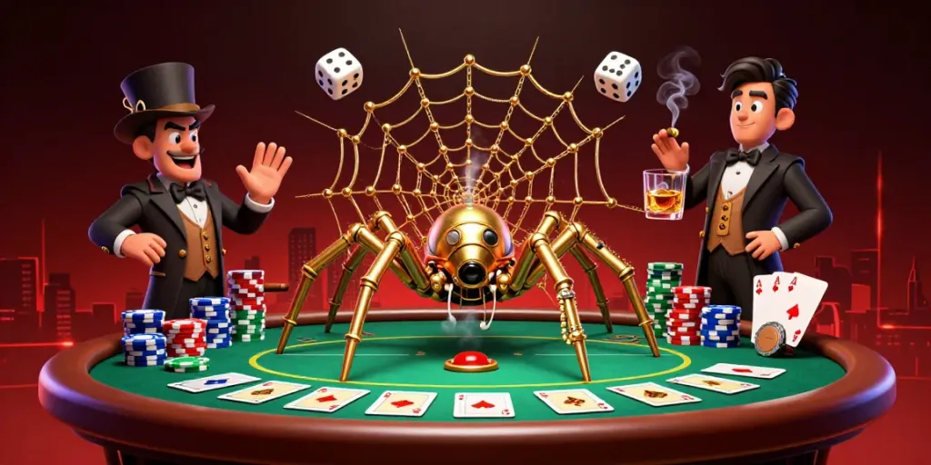 Engage with Lucky88's steampunk spider trapping dice in a rich casino atmosphere.