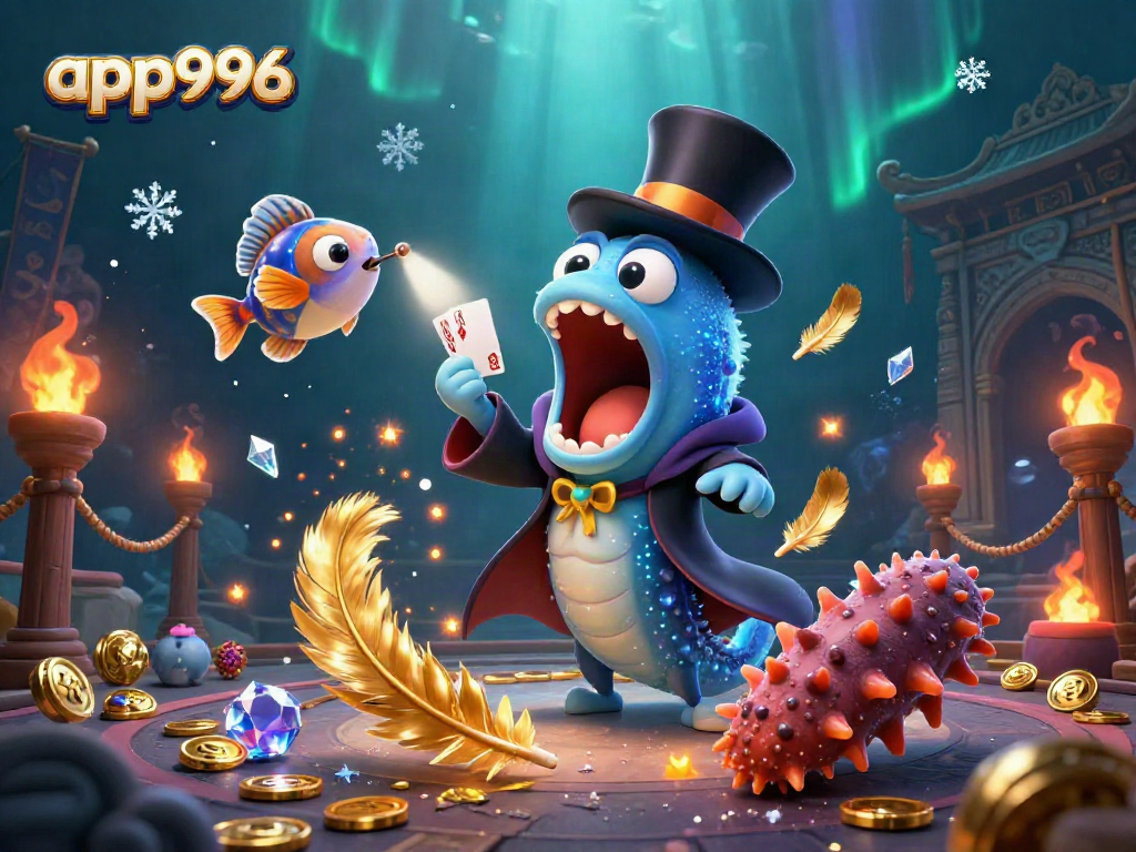 Engage with app996 as a deep-sea gulper eel casts winning card tricks in an underwater casino scene.