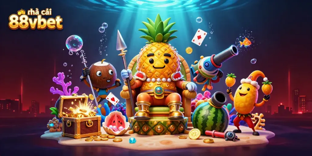 Experience the excitement of nhà cái 88vbet through a vibrant 3D casino scene featuring a golden pineapple king surrounded by whimsical characters.