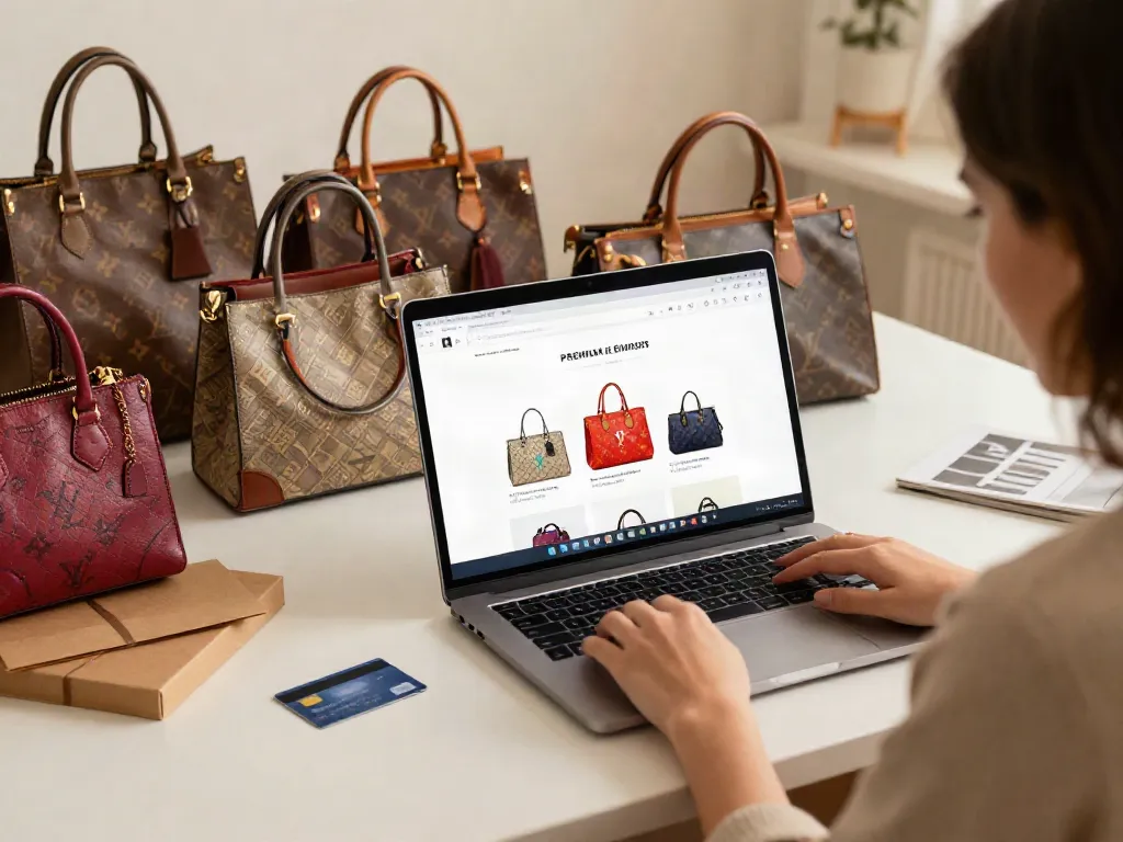 Browsing stylish bags online while enjoying a cozy shopping experience on an e-commerce platform.