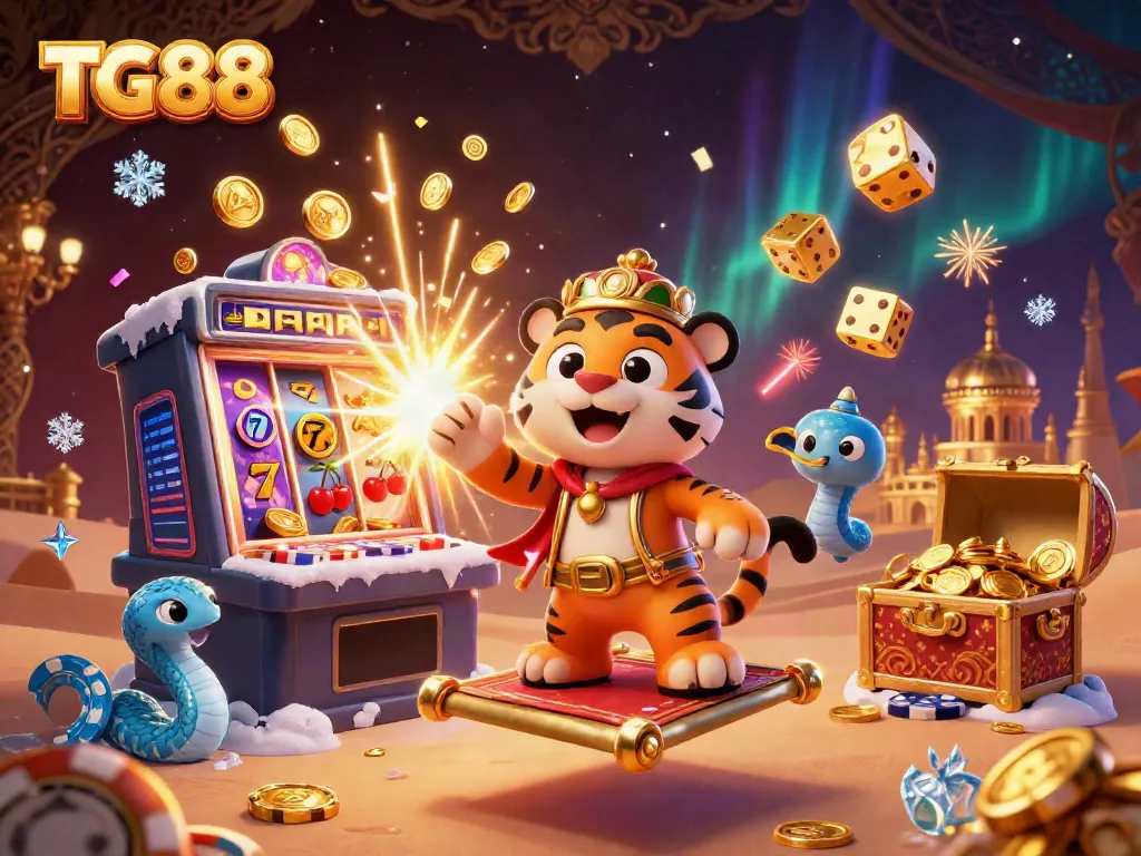Experience the excitement of TG88 with a vibrant 3D illustration showcasing a sultan on a carpet of poker chips amidst a jackpot explosion.