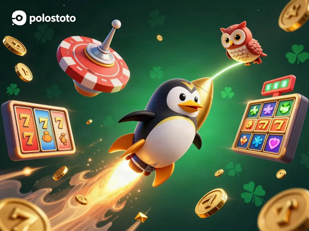 Spin the reels and dive into the excitement of polostoto with a 3D rocket-powered penguin and vibrant slot symbols.