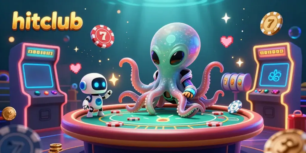 Engage with hitclub's immersive 3D alien octopus scene full of vibrant casino elements.