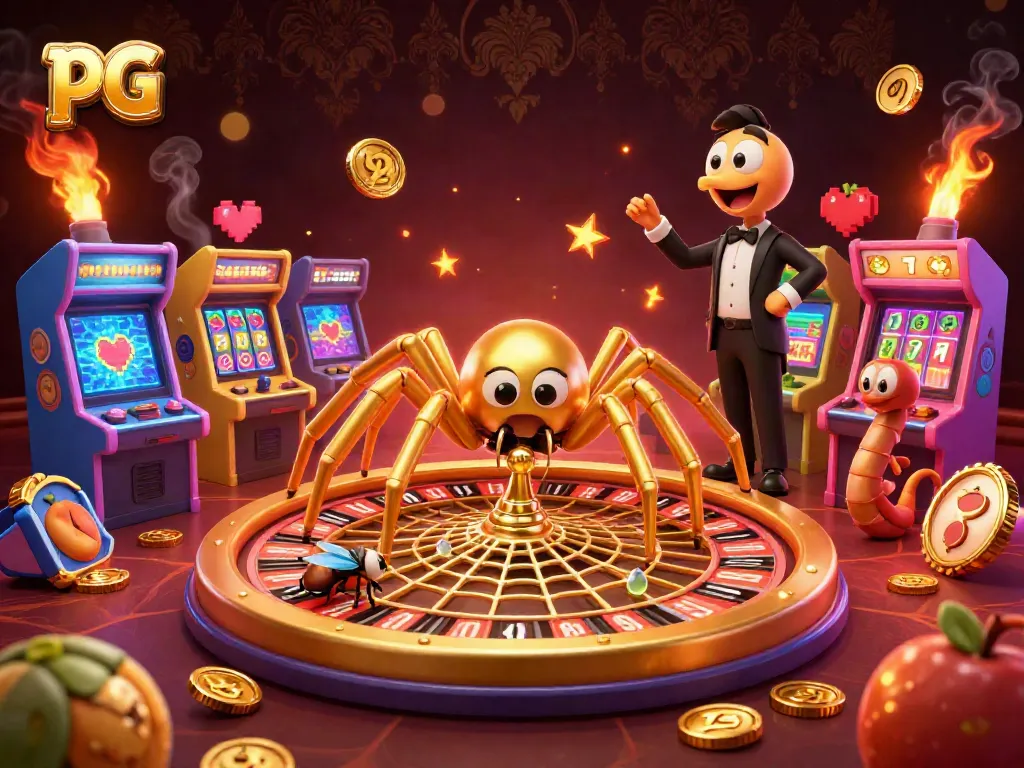 Bet on pg with cartoon spider and centipede croupier in a vibrant casino scene.