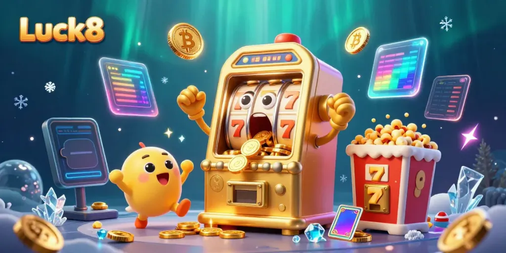 Luck8 slot machine surprises with a jackpot, surrounded by neon crypto elements and cheering mini machines.