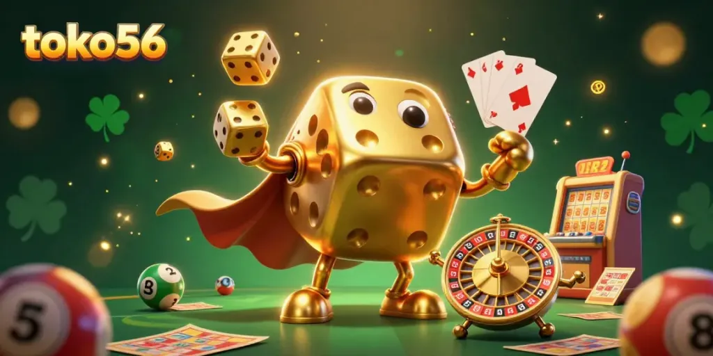 Experience thrilling wins at toko56 with a whimsical 3D lottery scene featuring golden dice and bingo elements.