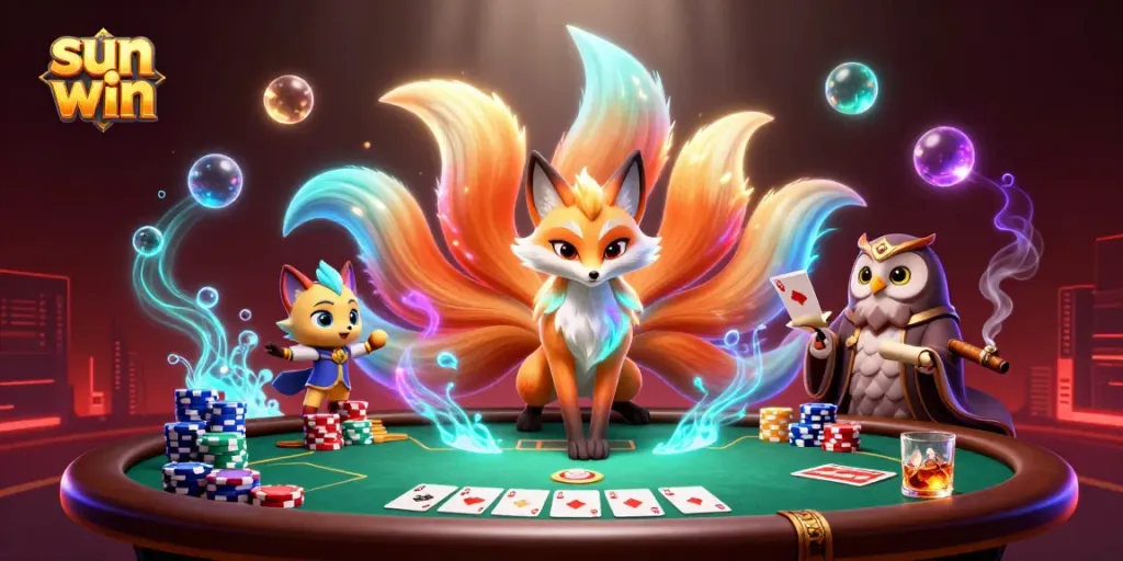 Experience the excitement of sun win gaming with vibrant characters at a lively poker table.