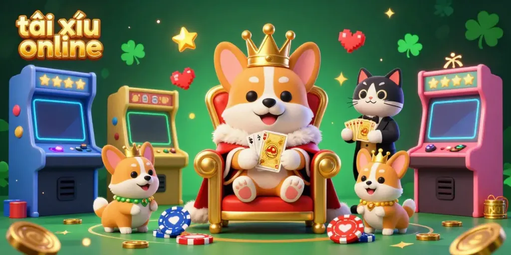 Experience the excitement of tài xỉu online with a royal corgi and vibrant casino elements.
