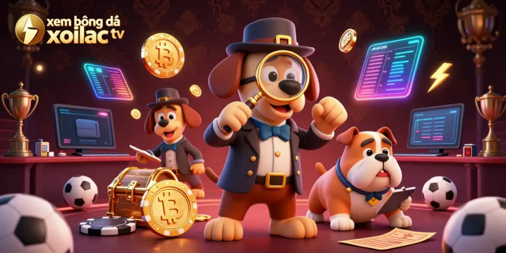 Xem bóng đá xoilac tv showcases thrilling sports betting with 3D cartoon detective friends exploring clues.