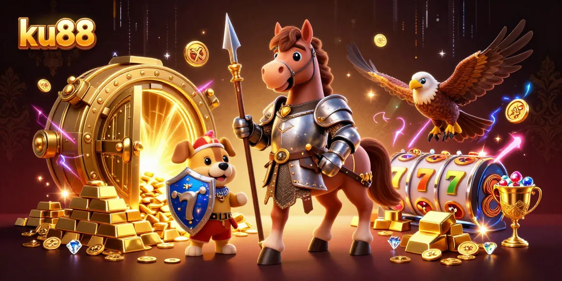 ku88 showcases thrilling gaming experiences with medieval characters amidst vibrant slot elements and treasures.