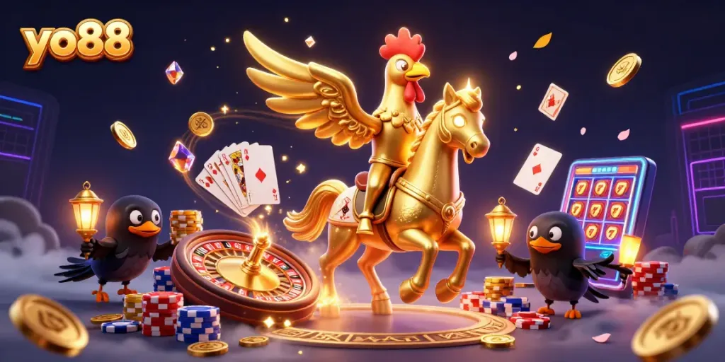 Experience the thrill of winning at yo88, featuring a golden rooster in a vibrant casino setting.