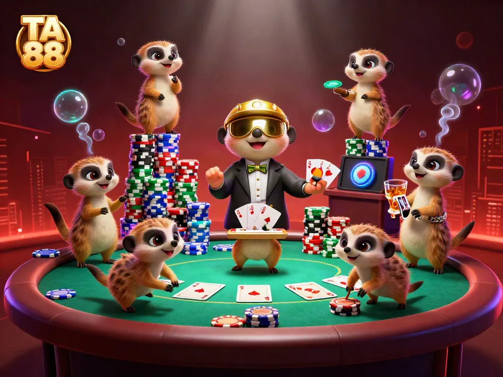 Experience exciting gaming at TA 88 with lively meerkats navigating a bustling casino scene.