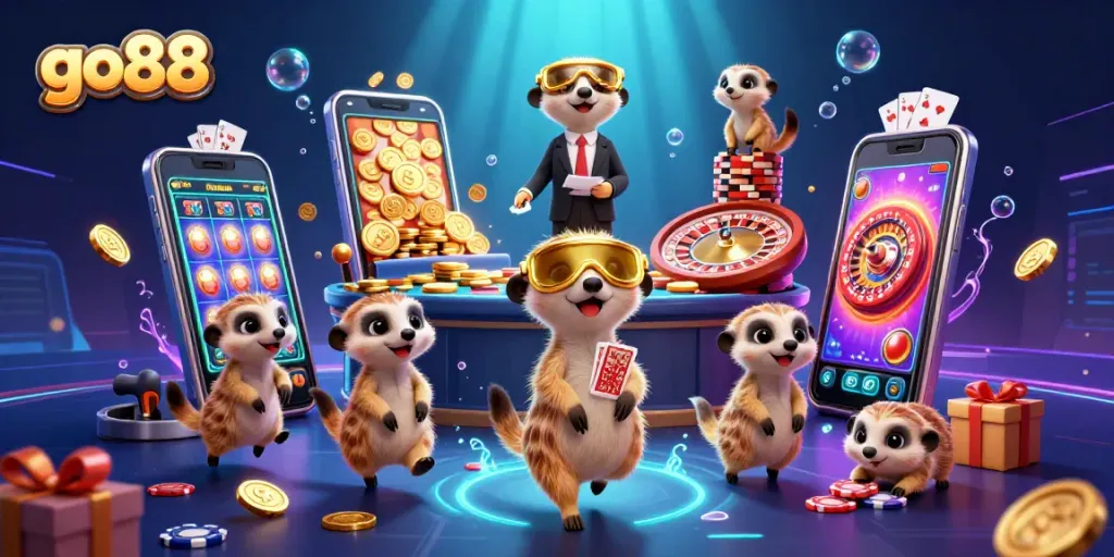 Experience exciting go88 gameplay with meerkats running a vibrant casino scene full of action.