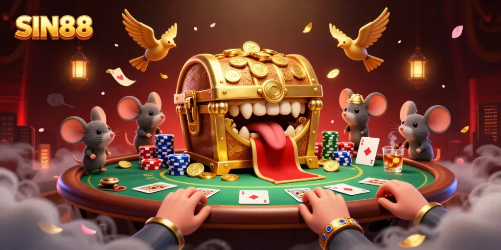 Experience the excitement of SIN88 with treasure chest characters and vibrant poker elements.