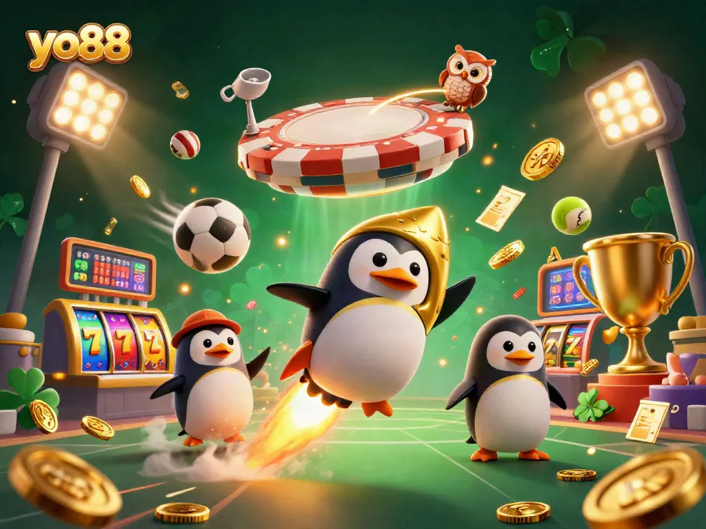 yo88 players engage with a thrilling casino scene featuring sports balls, golden penguins, and dynamic elements.