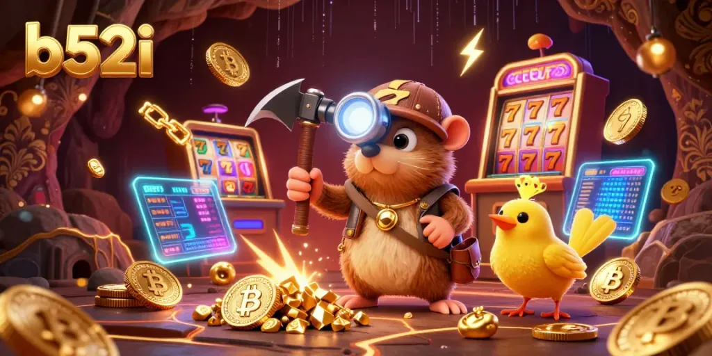 Experience the thrill of the b52i casino with vibrant 3D characters mining treasures and glowing cryptocurrency elements.