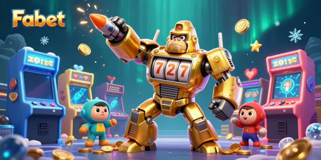 Experience the excitement at Fabet with a dynamic illustration featuring a golden gorilla mech amidst dazzling game elements.