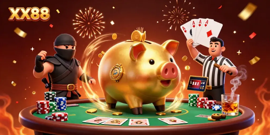 Engage in thrilling gameplay at XX88 with a whimsical illustration of characters celebrating a poker victory.