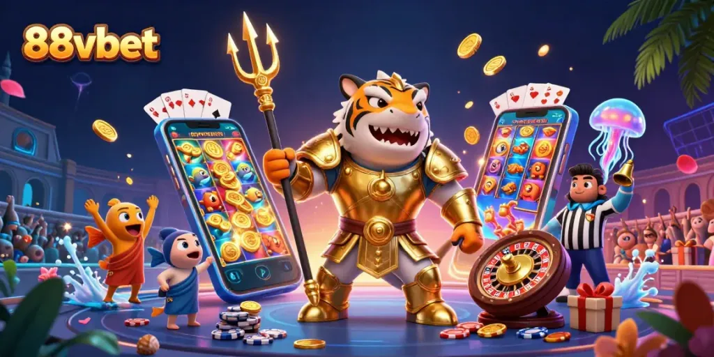 Experience thrilling gameplay at 88vbet with dynamic casino action featuring a golden shark and slot games.