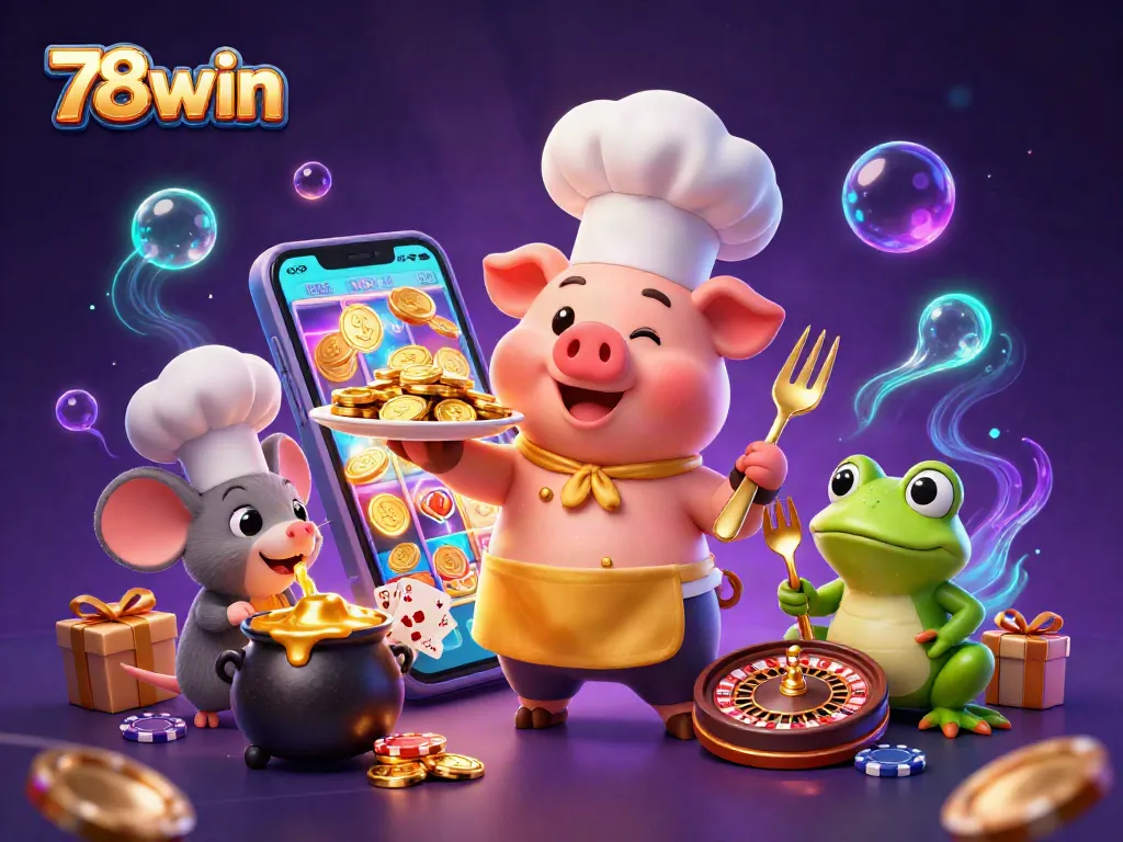 Experience thrilling gameplay with 78win as a chef pig serves golden coins in a vibrant casino scene.