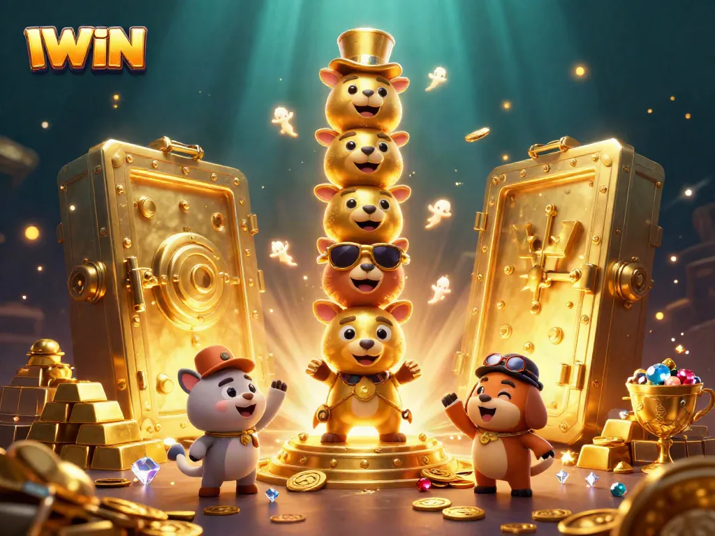Engage with IWIN's vibrant casino world, featuring a golden totem and sparkling treasures.