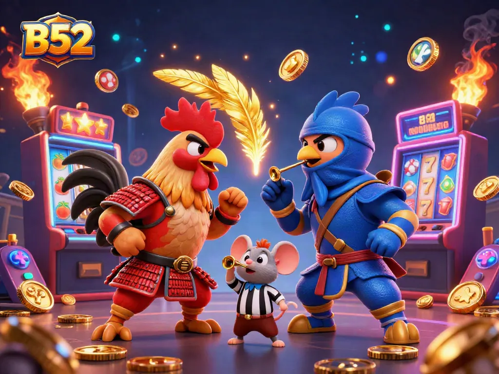 B52-themed slot game featuring dynamic standoff between samurai and ninja roosters surrounded by casino elements