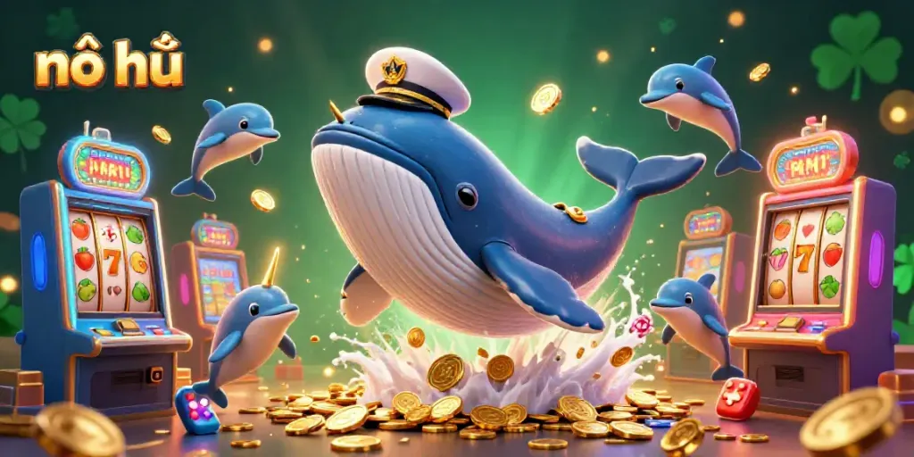 Experience the excitement of nổ hũ with a vibrant scene featuring a 3D whale, narwhal, and playful dolphins amidst slot machines.