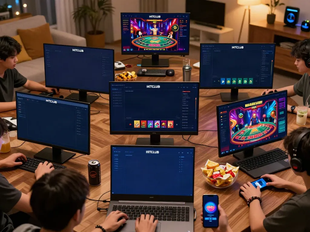 Exciting HITCLUB online gaming experience with players engaged on multiple devices.