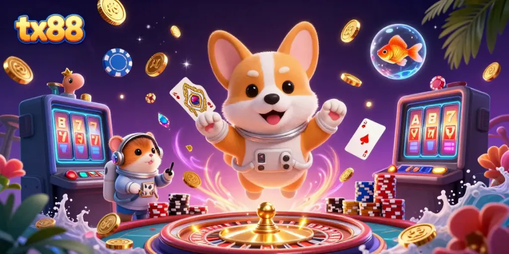 Engage in thrilling casino fun with tx88 as cartoon characters float in a vibrant space station casino.