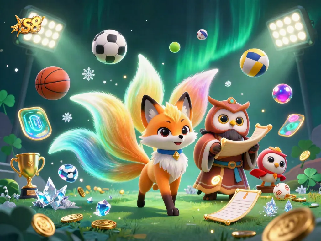 Experience vibrant gaming action with the s8 nine-tailed fox, wise owl, and colorful sports elements.