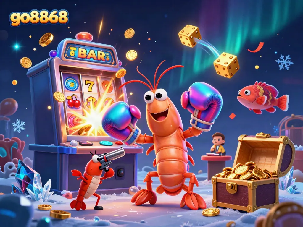 Engaging go8868 gaming scene with a dynamic mantis shrimp duo and vibrant casino elements.
