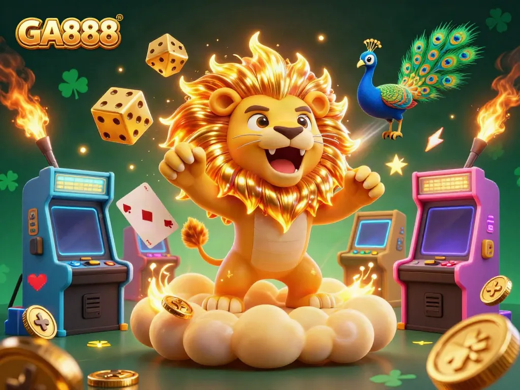 Experience thrilling gameplay at GA888 with vibrant 3D elements and casino icons bringing excitement alive.