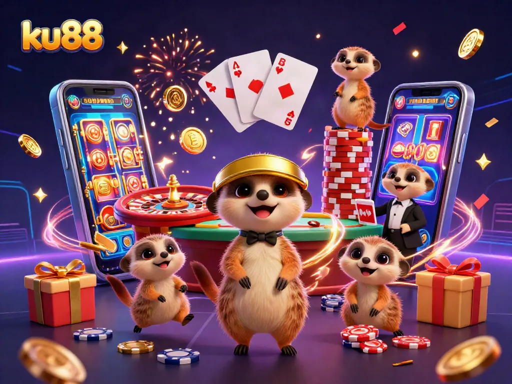 Engage with exciting gaming at ku88 featuring a lively meerkat casino scene full of action.