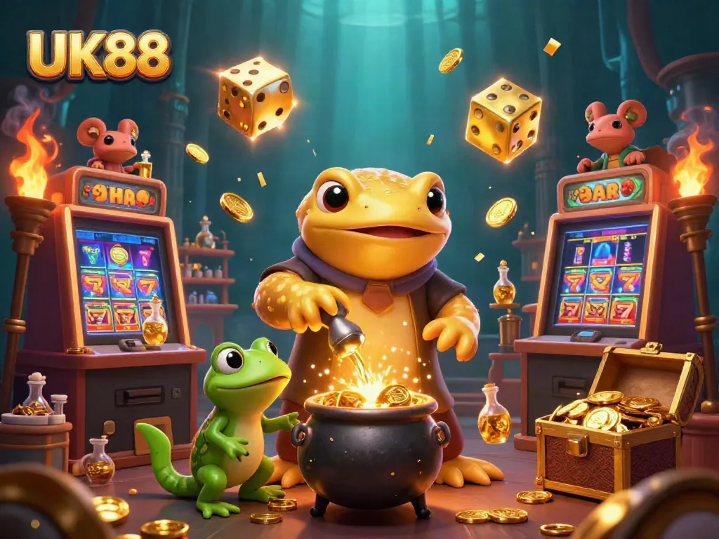 Experience the magic of UK88's online casino as golden coins burst forth from the alchemist's lab.