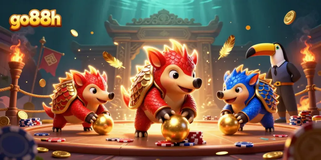Engage in thrilling gameplay with go88h's animated pangolins in a vibrant casino atmosphere.