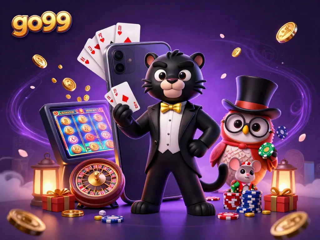 Engage with go99's thrilling world of gambling through a vibrant casino scene featuring charming characters.
