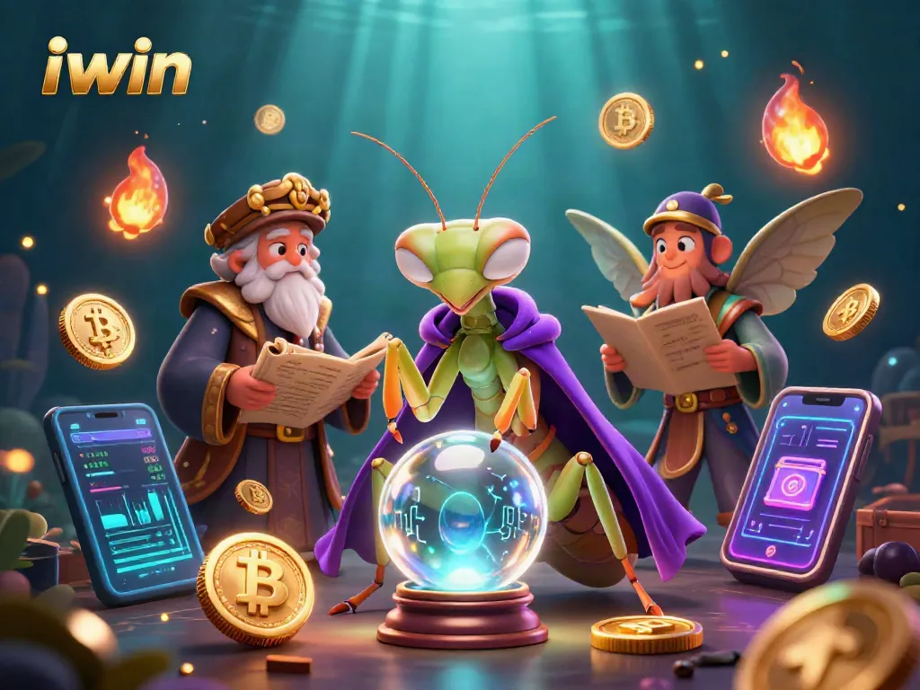 Join the iwin experience with vibrant characters, glowing crypto coins, and lively gambling elements.