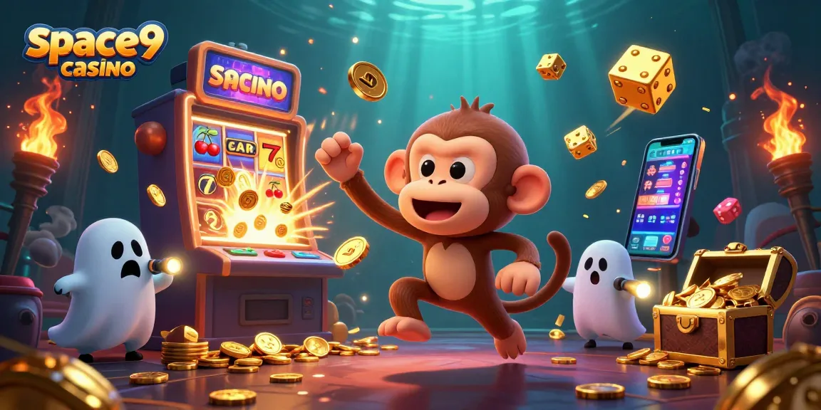 Engage with the thrilling space9 casino scene featuring a playful poltergeist monkey juggling gold as a curious ghost-hunter puppy tracks it.