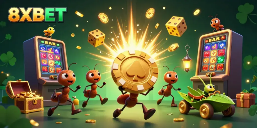 Experience gaming action with 8XBET through a whimsical heist by ants showcasing vibrant casino elements.