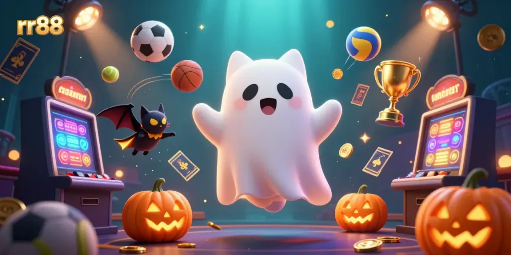 Experience thrilling gameplay at rr88 with friendly ghost characters and dynamic sports elements in a haunted casino setting.