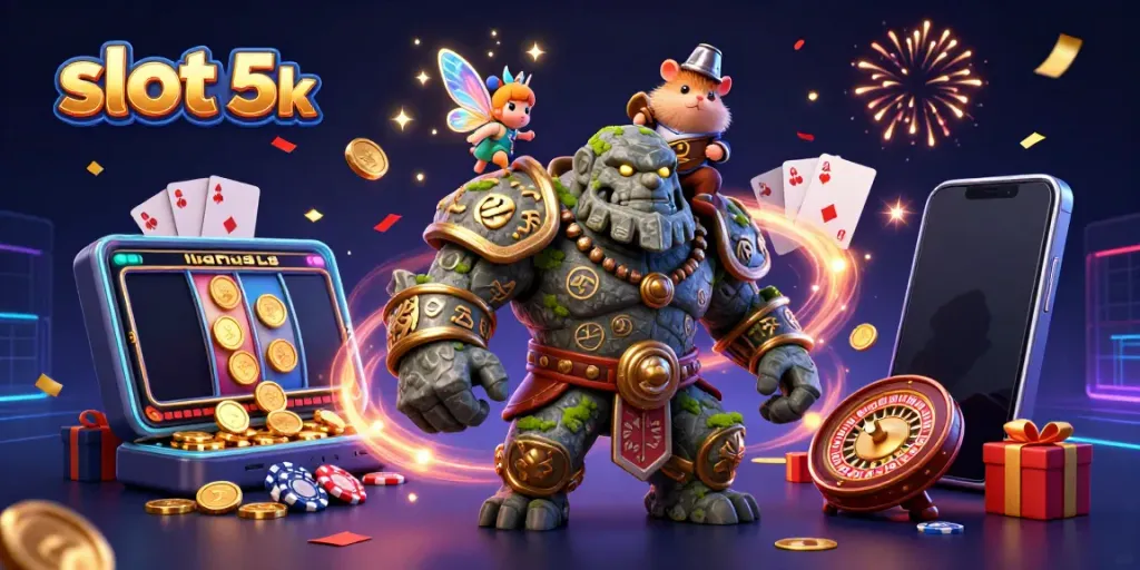 Join the action in this vibrant 3D depiction of slot 5k, showcasing characters and gaming excitement!