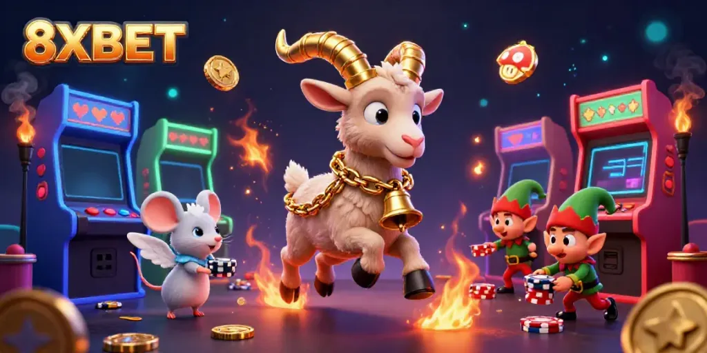 Experience dynamic gaming at 8XBET, featuring a festive Krampus goat and playful characters in a thrilling casino scene.