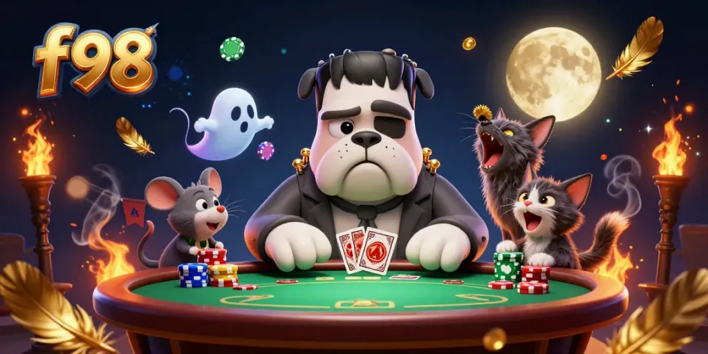 f98 poker scene featuring a Frankenstein bulldog and werewolf kitten with colorful chips and gold elements