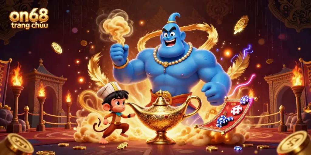 Experience the magic of on68 trang chủ with a dynamic 3D genie, poker chips, and lively scene elements.