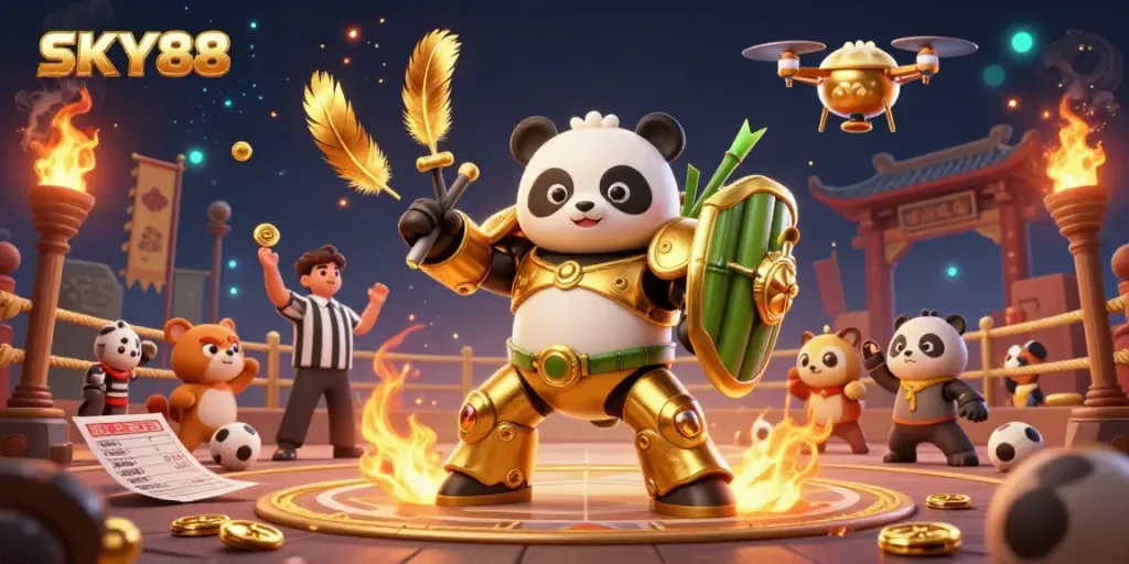 Experience thrilling SKY88 sports betting with a golden panda mech-robot in an intense arena.