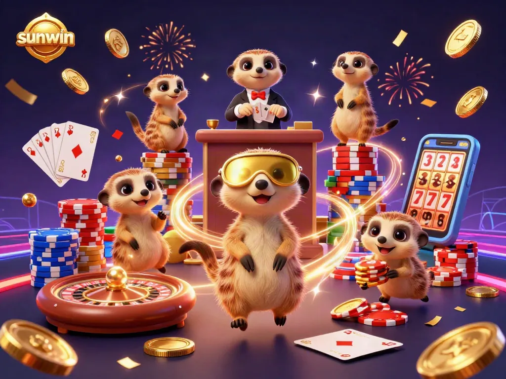 sunwin meerkats celebrate casino wins with colorful chips and coins in dynamic 3D scene