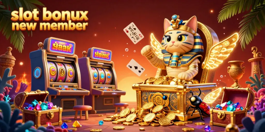 Experience the thrilling slot bonus new member with a vibrant casino scene featuring energetic characters and exploding jewels.